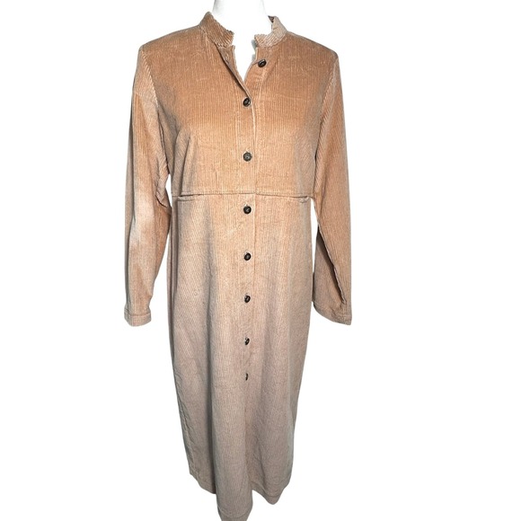 ORVIS Women's 8 Petite Peach Tan Corduroy‎ Long Duster Dress Trench Coat Pockets - Picture 1 of 7